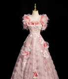 Ndyad A-line square neck tulle beaded formal long dress, pink birthday dress HZ1024