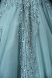 Evafashion A-line mesh sequins formal long dress, green sequins evening dress HZ1024