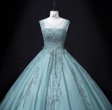 Evafashion A-line mesh sequins formal long dress, green sequins evening dress HZ1024