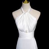 Ndyad halter neck satin mermaid formal long dress , white wedding dress HZ1024
