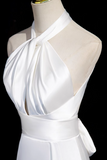 Ndyad halter neck satin mermaid formal long dress , white wedding dress HZ1024