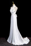 Ndyad halter neck satin mermaid formal long dress , white wedding dress HZ1024