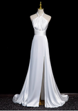 Ndyad halter neck satin mermaid formal long dress , white wedding dress HZ1024