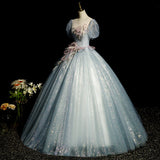 Ndyad blue A-line tulle sequins formal long dress, gray blue evening dress HZ1024