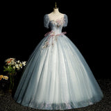 Ndyad blue A-line tulle sequins formal long dress, gray blue evening dress HZ1024