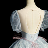 Ndyad blue A-line tulle sequins formal long dress, gray blue evening dress HZ1024