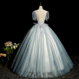 Ndyad blue A-line tulle sequins formal long dress, gray blue evening dress HZ1024