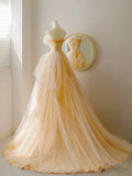 Ndyad Tulle Lace Champagne Long Prom Dress, Champagne Long Formal Dress HZ1024