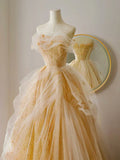 Ndyad Tulle Lace Champagne Long Prom Dress, Champagne Long Formal Dress HZ1024