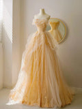 Ndyad Tulle Lace Champagne Long Prom Dress, Champagne Long Formal Dress HZ1024