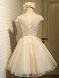 Ndyad A-line tulle lace embroidered homecoming dress, champagne bridesmaid dress HZ1024