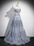 Evafashion A-line Off-shoulder Tulle Long Prom Dress, Gray Evening Dress HZ1024