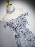Evafashion A-line Off-shoulder Tulle Long Prom Dress, Gray Evening Dress HZ1024
