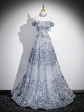 Evafashion A-line Off-shoulder Tulle Long Prom Dress, Gray Evening Dress HZ1024