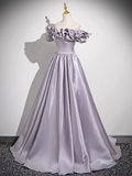 Ndyad Purple A-line Off-shoulder Satin Long Prom Dress, Gray Purple Evening Dress HZ1024