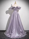 Ndyad Purple A-line Off-shoulder Satin Long Prom Dress, Gray Purple Evening Dress HZ1024