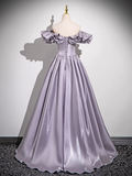 Ndyad Purple A-line Off-shoulder Satin Long Prom Dress, Gray Purple Evening Dress HZ1024