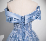 Evafashion A-line Off-shoulder Tulle Satin Long Prom Dress, Blue Evening Dress HZ1024