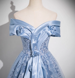 Evafashion A-line Off-shoulder Tulle Satin Long Prom Dress, Blue Evening Dress HZ1024