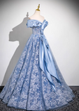 Evafashion A-line Off-shoulder Tulle Satin Long Prom Dress, Blue Evening Dress HZ1024