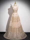 Ndyad A-line tulle sequin long prom dress, champagne evening dress HZ1024