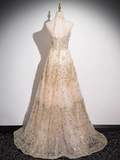 Ndyad A-line tulle sequin long prom dress, champagne evening dress HZ1024