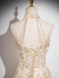 Ndyad A-line tulle sequin long prom dress, champagne evening dress HZ1024