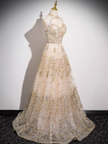 Ndyad A-line tulle sequin long prom dress, champagne evening dress HZ1024