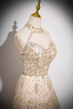 Ndyad A-line tulle sequin long prom dress, champagne evening dress HZ1024