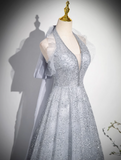 Ndyad V-neck mesh sequin long prom dress, evening dress HZ1024