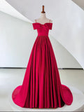 Ndyad Off Shoulder Satin Red Long Prom Dress, Red Evening Dress HZ1024