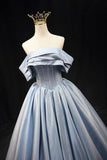 Ndyad Blue Satin Long Prom Dress, Elegant Off the Shoulder Evening Party Dress HZ1024