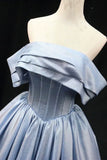 Ndyad Blue Satin Long Prom Dress, Elegant Off the Shoulder Evening Party Dress HZ1024