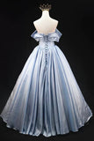 Ndyad Blue Satin Long Prom Dress, Elegant Off the Shoulder Evening Party Dress HZ1024