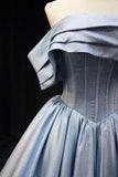 Ndyad Blue Satin Long Prom Dress, Elegant Off the Shoulder Evening Party Dress HZ1024