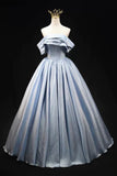 Ndyad Blue Satin Long Prom Dress, Elegant Off the Shoulder Evening Party Dress HZ1024