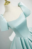 Ndyad Satin Long Prom Dress, Beautiful Blue Short Sleeve Evening Party Dress HZ1024