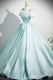Ndyad Satin Long Prom Dress, Beautiful Blue Short Sleeve Evening Party Dress HZ1024