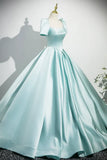 Ndyad Satin Long Prom Dress, Beautiful Blue Short Sleeve Evening Party Dress HZ1024