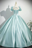 Ndyad Satin Long Prom Dress, Beautiful Blue Short Sleeve Evening Party Dress HZ1024
