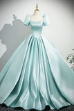 Ndyad Satin Long Prom Dress, Beautiful Blue Short Sleeve Evening Party Dress HZ1024