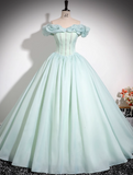 Ndyad Green A-line Off-shoulder Organza Beaded Long Prom Dress, Sweet 16 Dress HZ1024