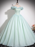 Ndyad Green A-line Off-shoulder Organza Beaded Long Prom Dress, Sweet 16 Dress HZ1024