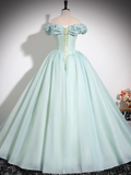 Ndyad Green A-line Off-shoulder Organza Beaded Long Prom Dress, Sweet 16 Dress HZ1024