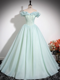 Ndyad Green A-line Off-shoulder Organza Beaded Long Prom Dress, Sweet 16 Dress HZ1024