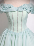 Ndyad Green A-line Off-shoulder Organza Beaded Long Prom Dress, Sweet 16 Dress HZ1024
