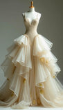 Ndyad Apricot Spaghetti Straps A-Line Beaded Tulle Long Prom Dresses Classic Layered Ball Gown HZ1024