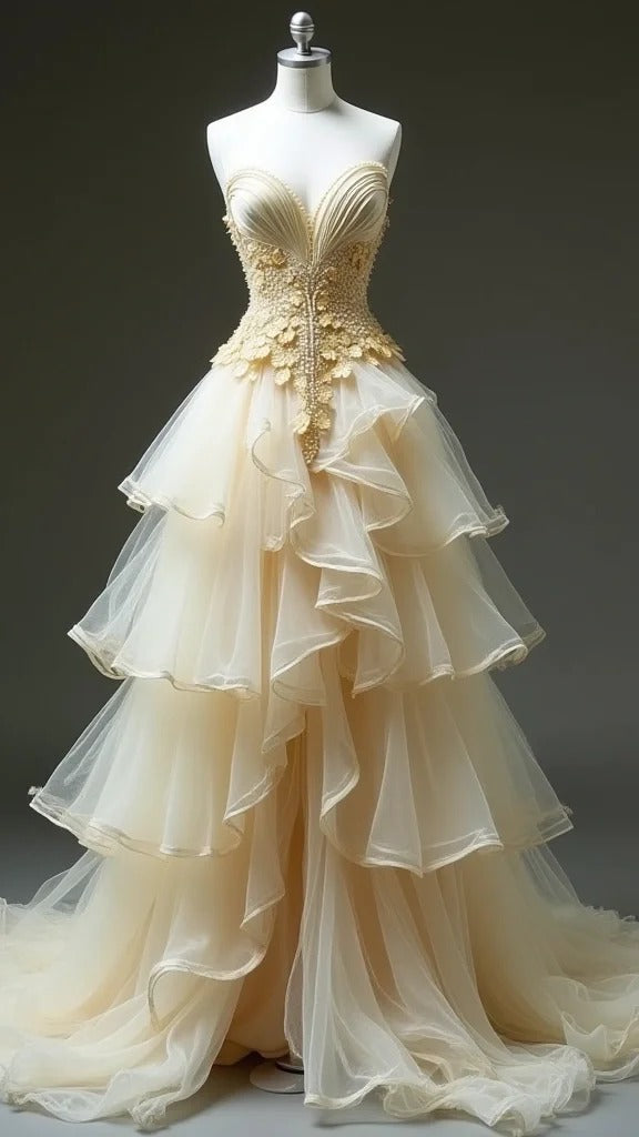 Ndyad Apricot Sweetheart A-line Tulle Layered Evening Dresses with Lace Appliques HZ1024