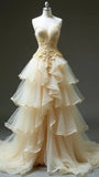 Ndyad Apricot Sweetheart A-line Tulle Layered Evening Dresses with Lace Appliques HZ1024