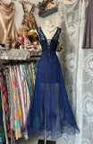 Ndyad Crew Neck Tulle Mermaid Lace Applique Open Back Party Dresses HZ1024